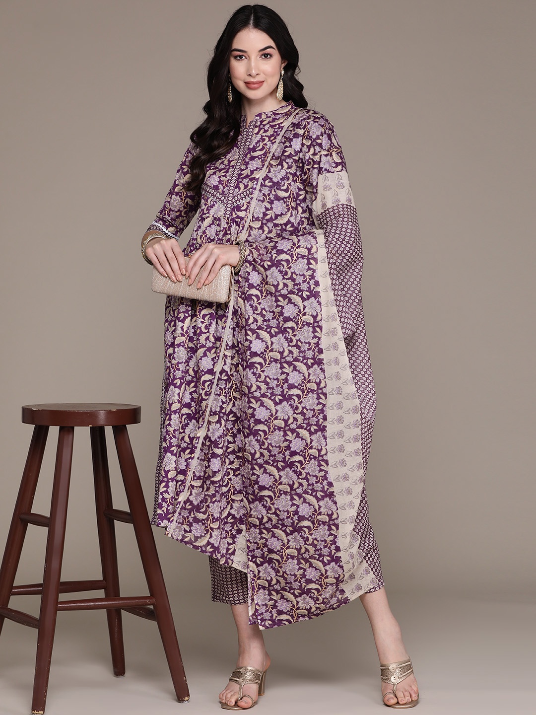 

Anubhutee Floral Printed Regular Sequinned Pure Cotton Kurta with Trousers & With Dupatta, Purple