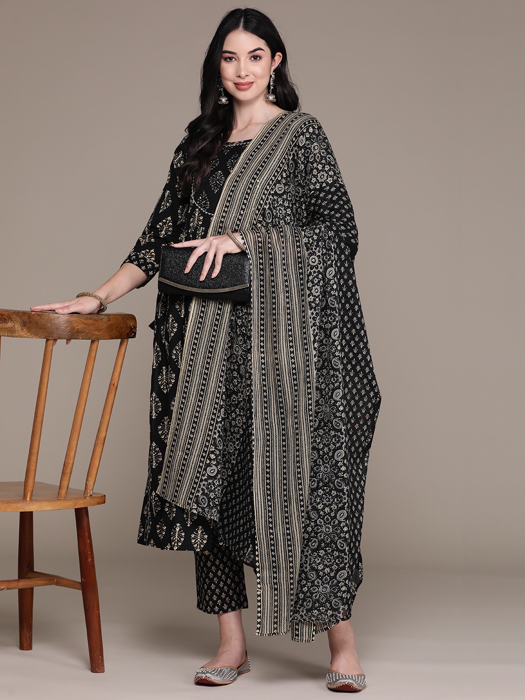

Anubhutee Women Printed Mirror Work Pure Cotton Kurta with Trousers & With Dupatta, Black