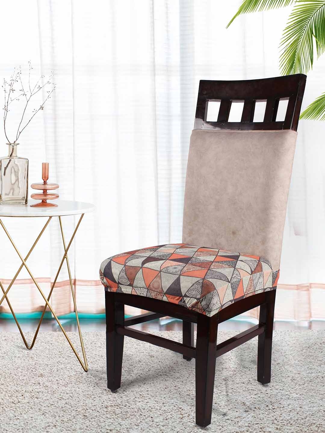 

STITCHNEST Orange-Coloured & Grey 4 Pieces Printed Chair Covers