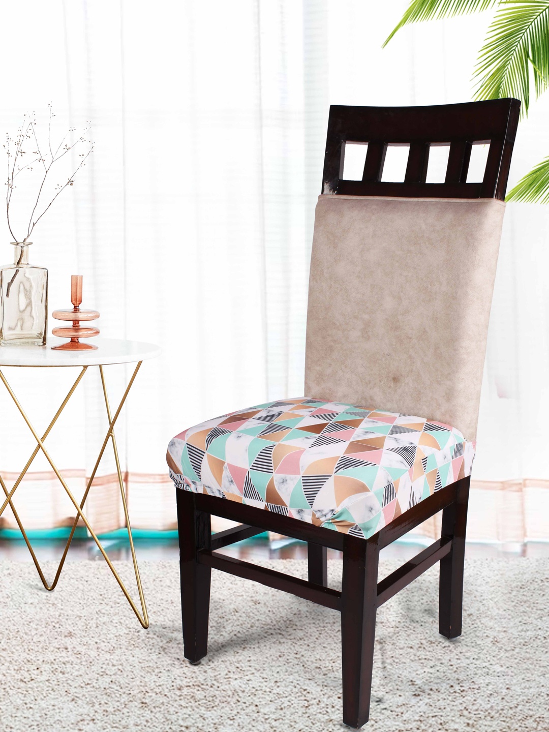 

STITCHNEST White & Green 4 Pieces Geometric Printed Chair Cover