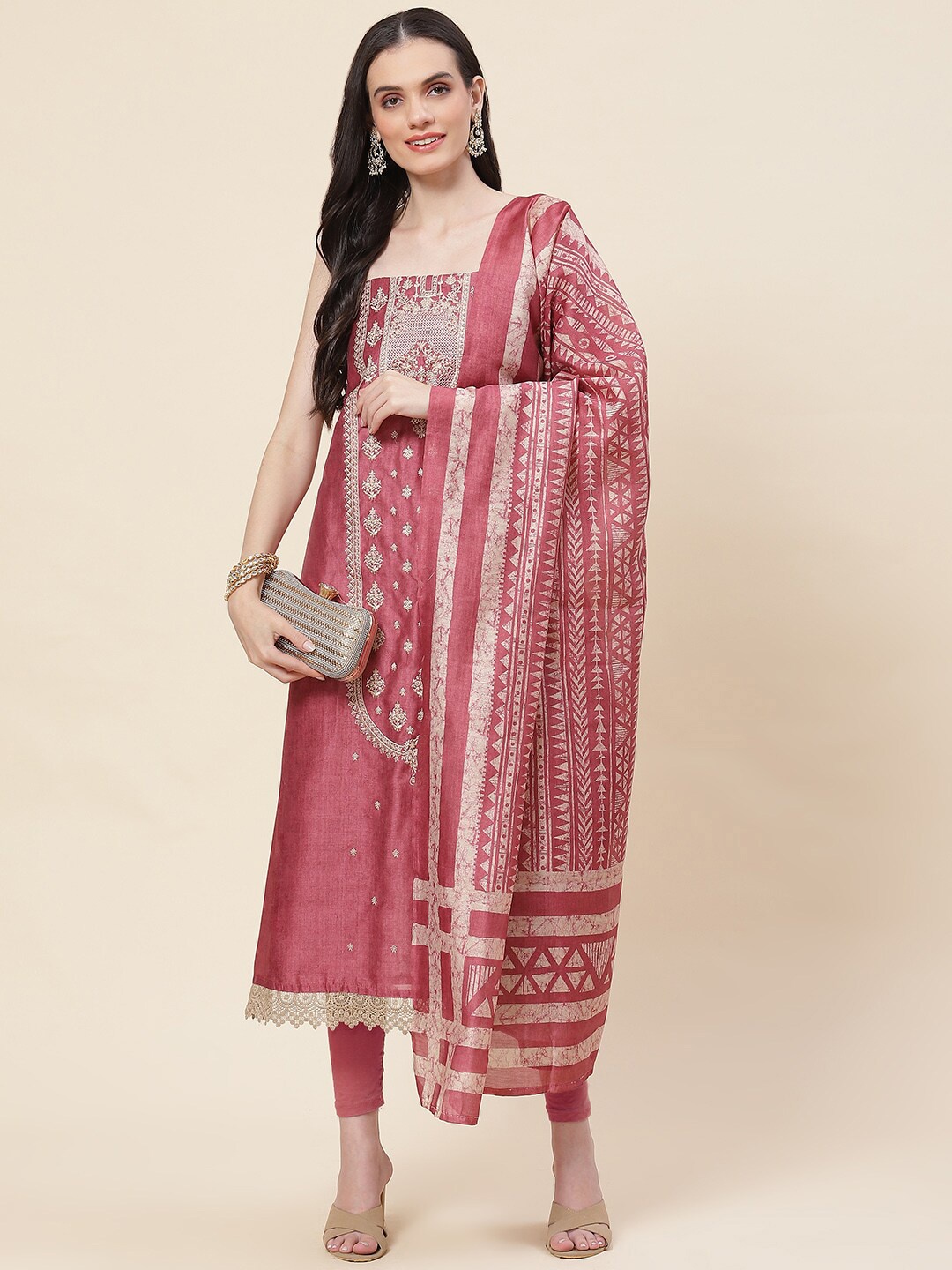 

Meena Bazaar Embroidered Art Silk Unstitched Dress Material, Pink