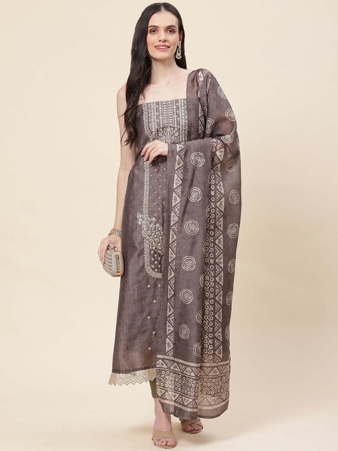 

Meena Bazaar Embroidered Art Silk Unstitched Dress Material, Grey