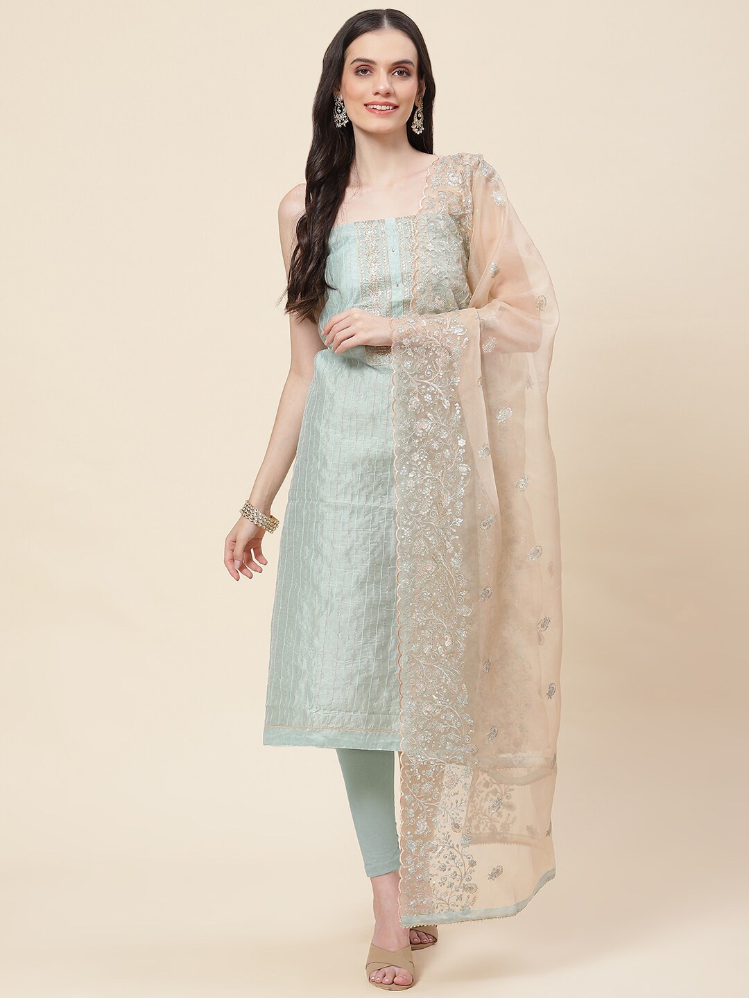 

Meena Bazaar Embroidered Art Silk Unstitched Dress Material, Sea green