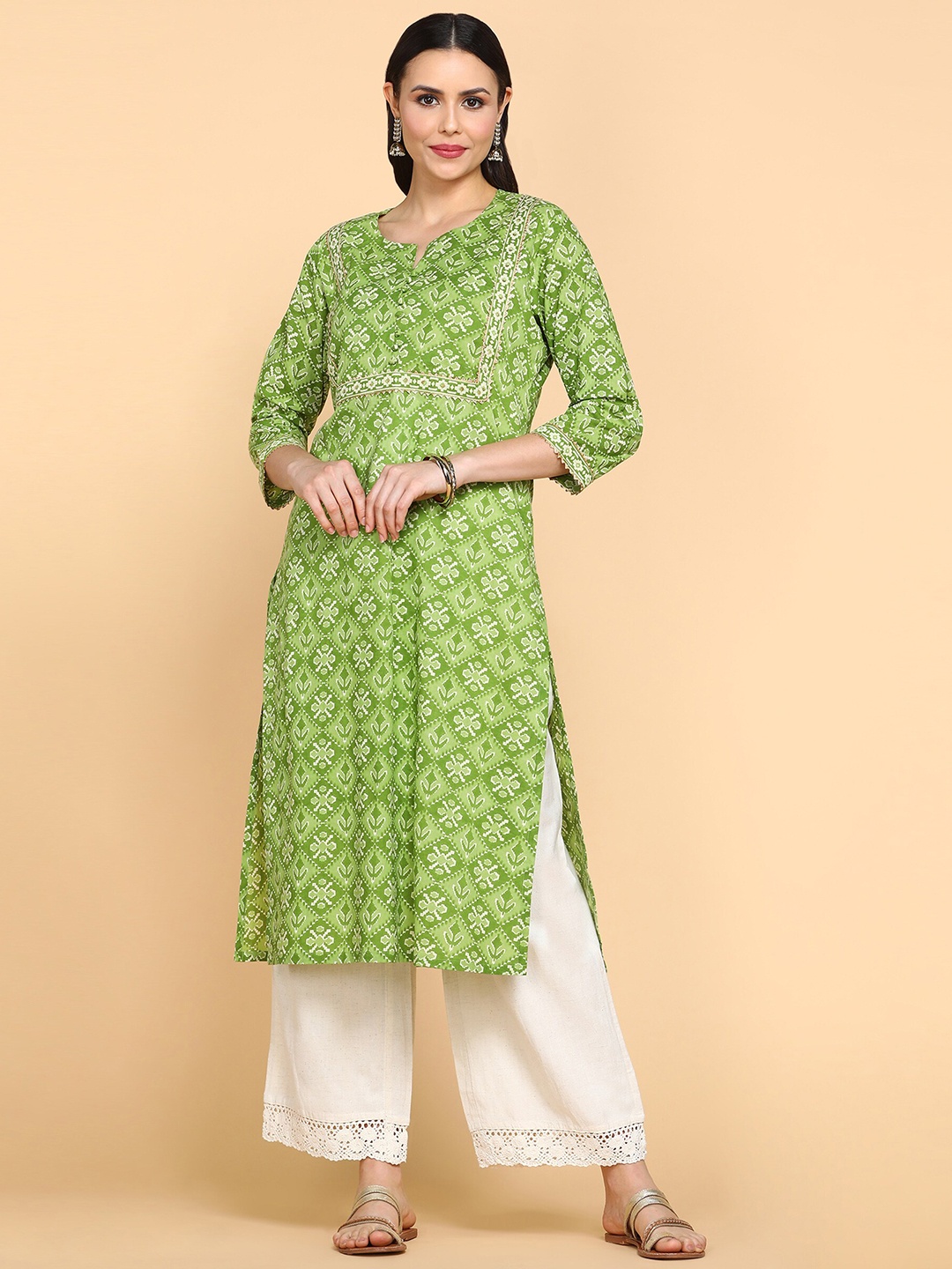 

aturabi Ethnic Motifs Printed Gotta Patti Cotton Kurta, Green