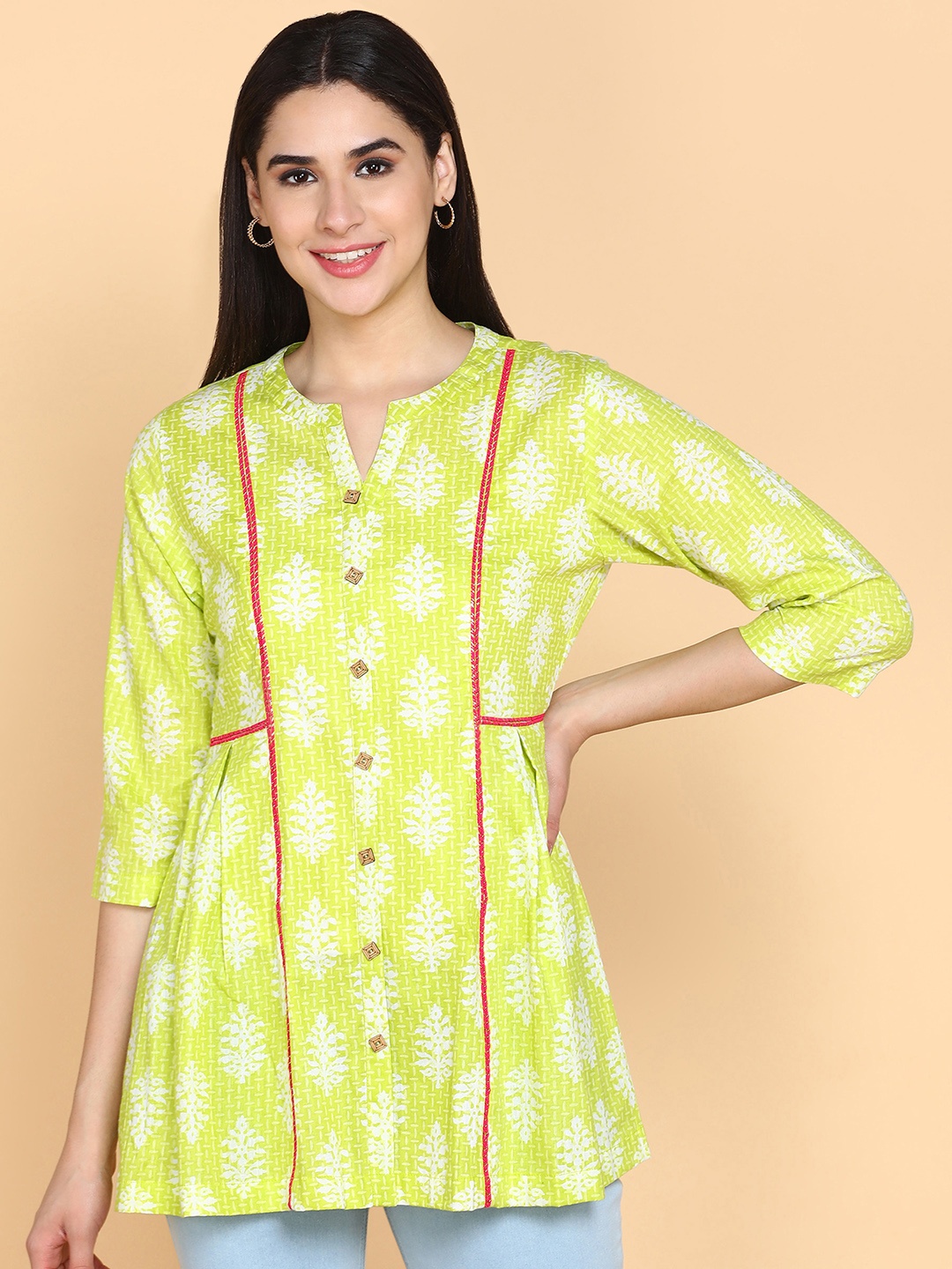 

aturabi Floral Printed V-Neck Pure Cotton Panelled A-Line Kurti, Lime green