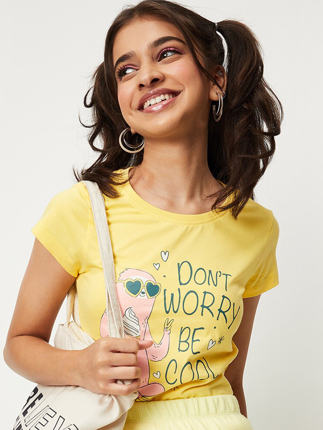 

max Girls Typography Printed Pure Cotton T-shirt, Yellow
