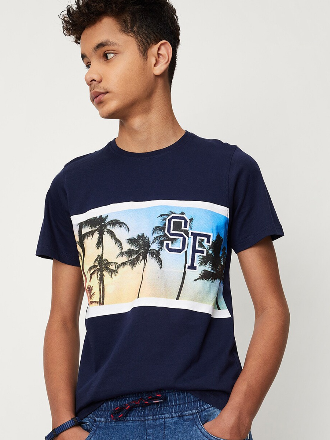 

max Boys Tropical Printed Pure Cotton T-shirt, Navy blue