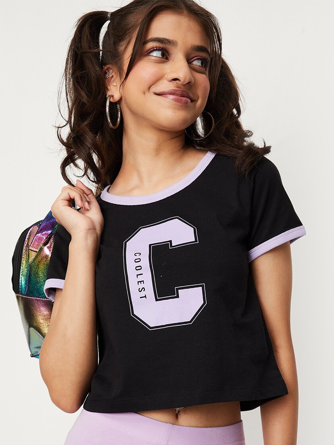 

max Girls Typography Printed Round Neck Crop T-shirt, Black