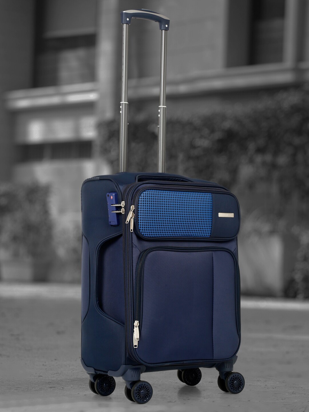

Teakwood Leathers Printed Soft-Sided Small Trolley Suitcase, Navy blue
