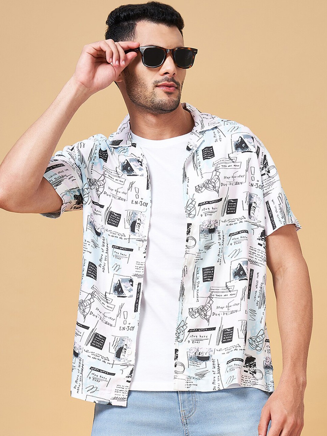 

People White & Black Typography Printed Cuban Collar Slim Fit Casual Shirt