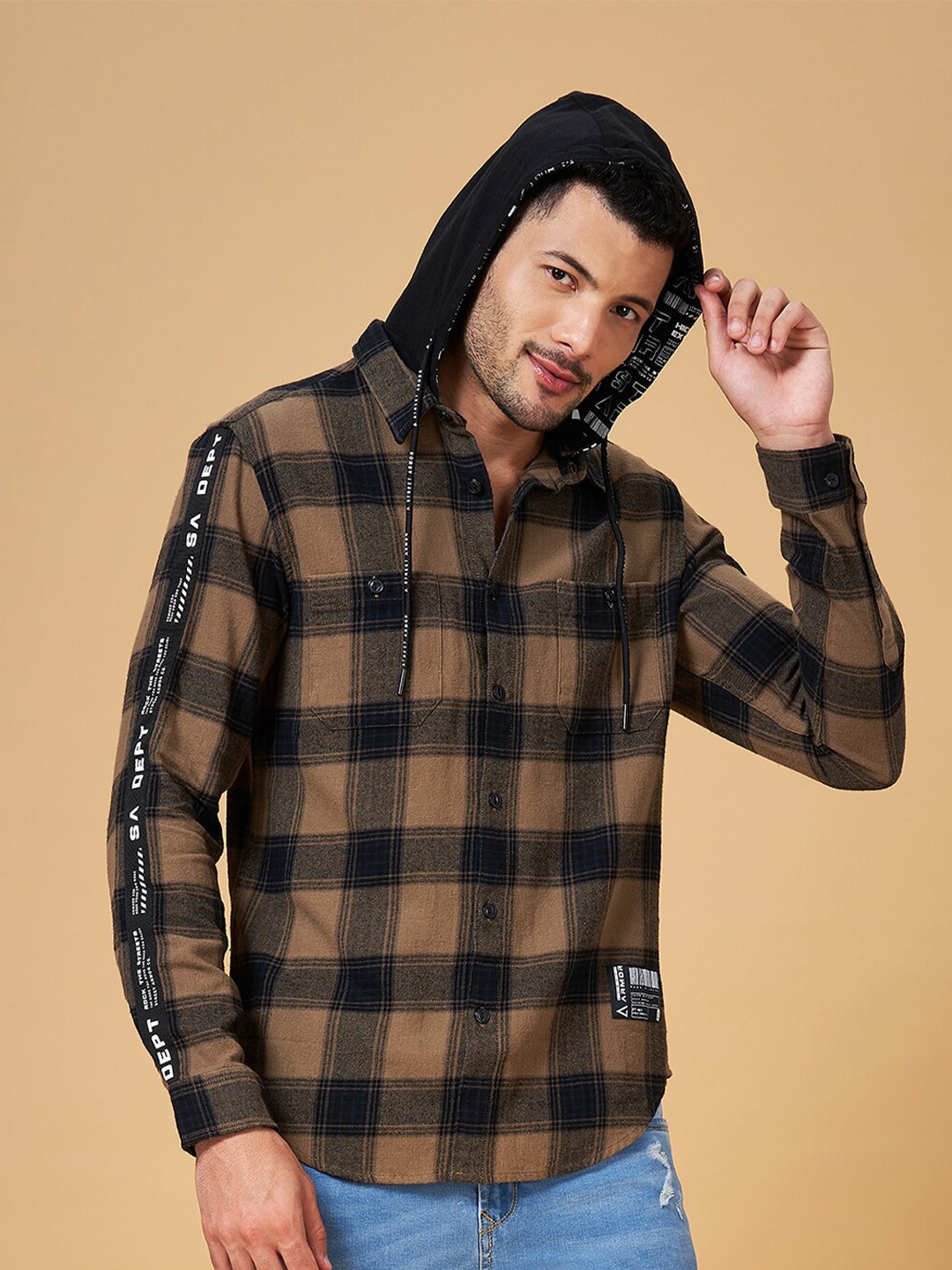 

Street Armor by Pantaloons Tartan Checked Long Sleeve Hooded Casual Shirt, Brown