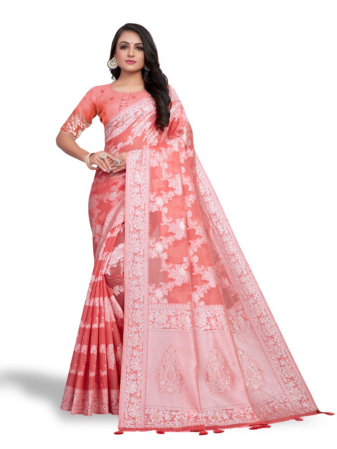 

VENISA Floral Woven Design Zari Saree, Peach