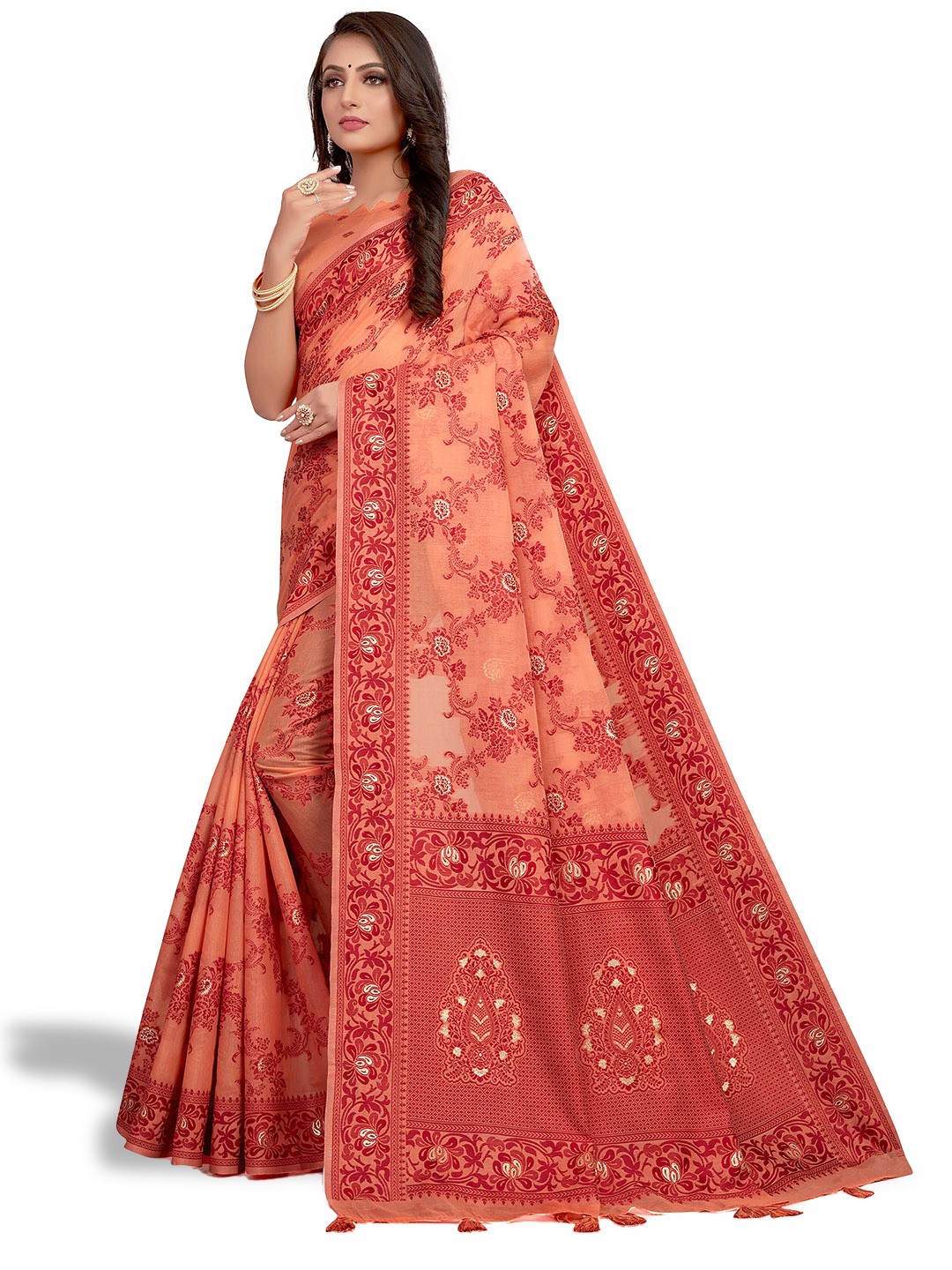 

VENISA Floral Woven Design Saree, Peach