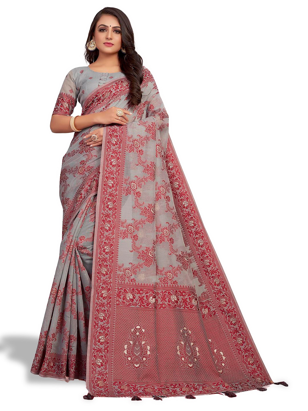 

VENISA Floral Woven Design Zari Saree, Grey