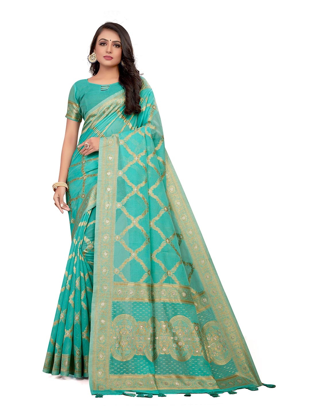 

VENISA Floral Woven Design Zari Saree, Teal