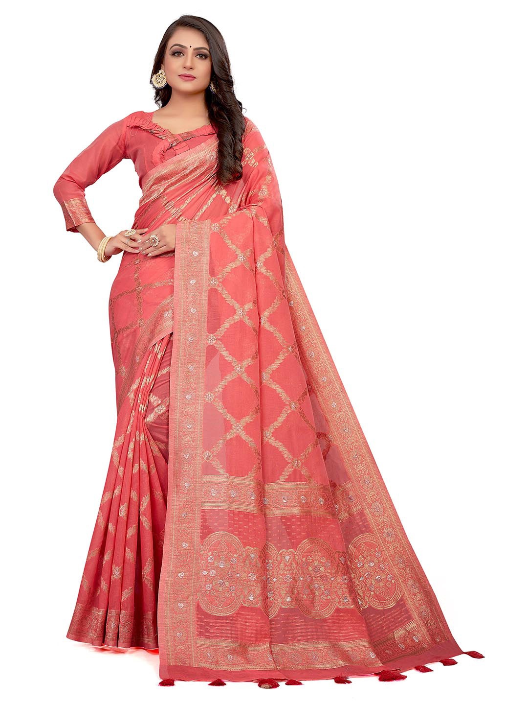

VENISA Floral Woven Design Embellished Saree, Pink