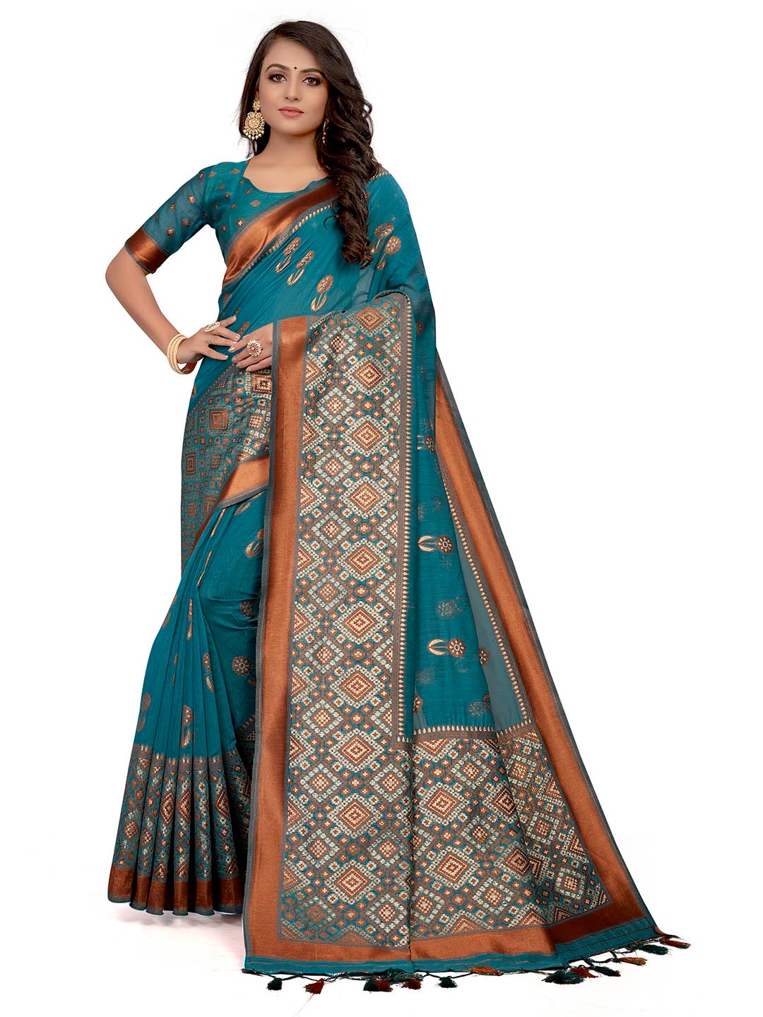 

VENISA Floral Woven Design Zari Saree, Turquoise blue