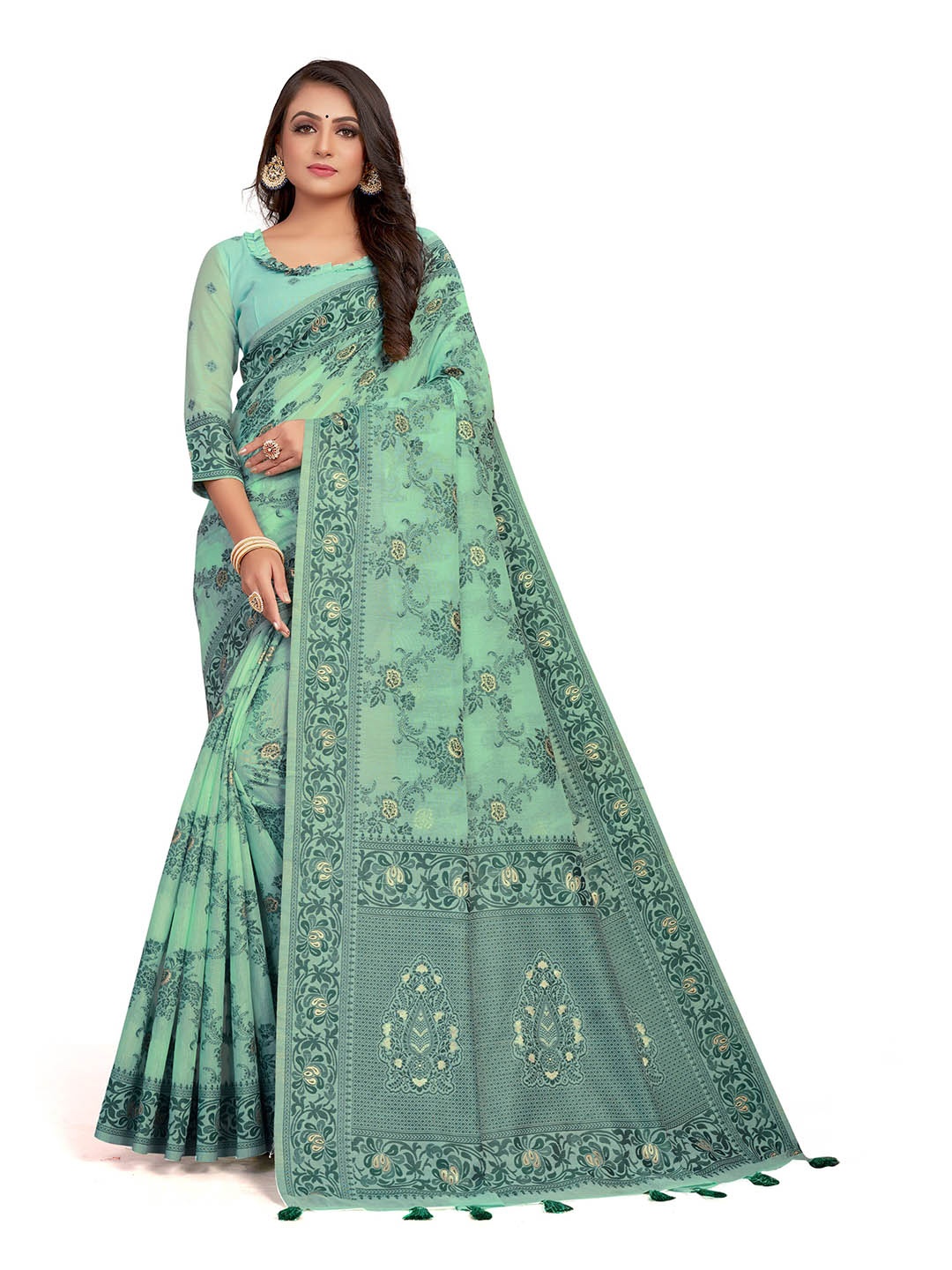 

VENISA Floral Woven Design Saree, Green