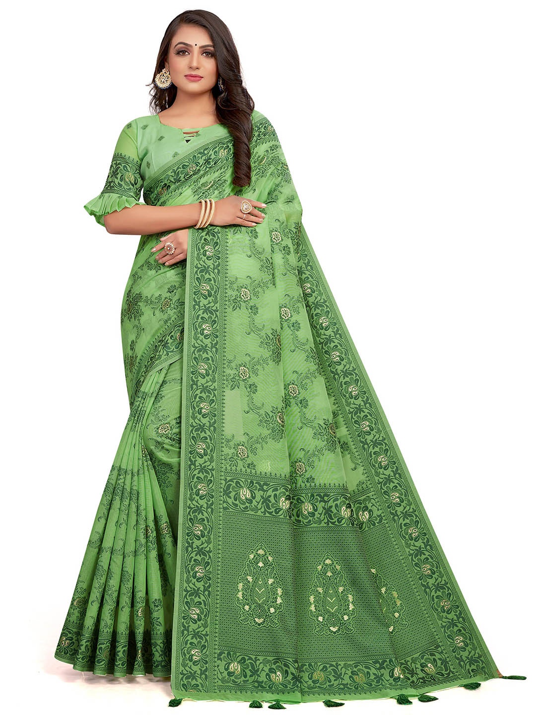 

VENISA Floral Woven Design Saree, Green
