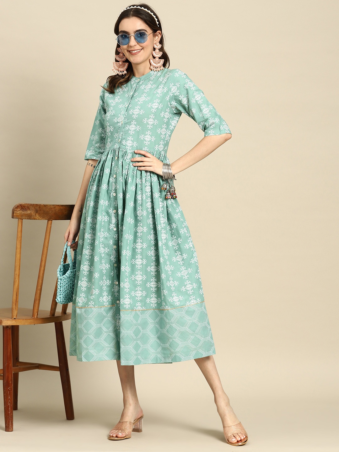 

Sangria Ethnic Motifs Print Mandarin Collar Fit & Flare Midi Dress, Sea green