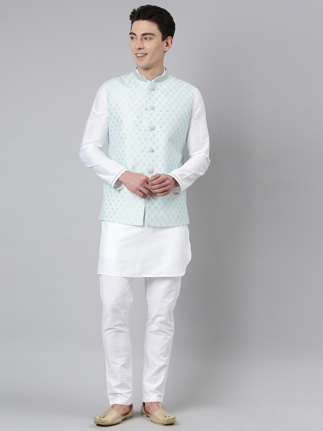 

TheEthnic.Co Chanderi Silk Kurta with Pyjamas with Woven Design Nehru Jacket, Turquoise blue