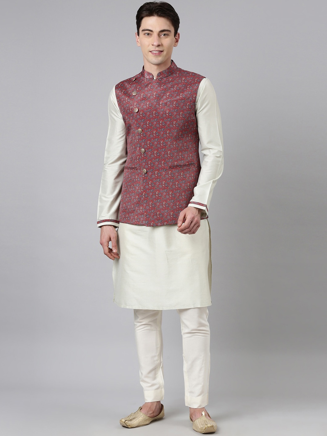 

TheEthnic.Co Mandarin Collar Regular Kurta with Pyjamas With Printed Nehru Jacket, Grey