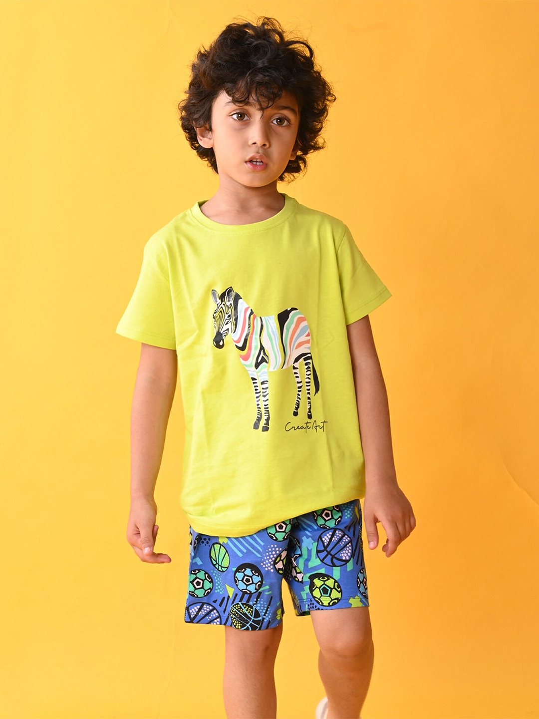 

Anthrilo Boys Printed Pure Cotton T-shirt with Shorts, Yellow
