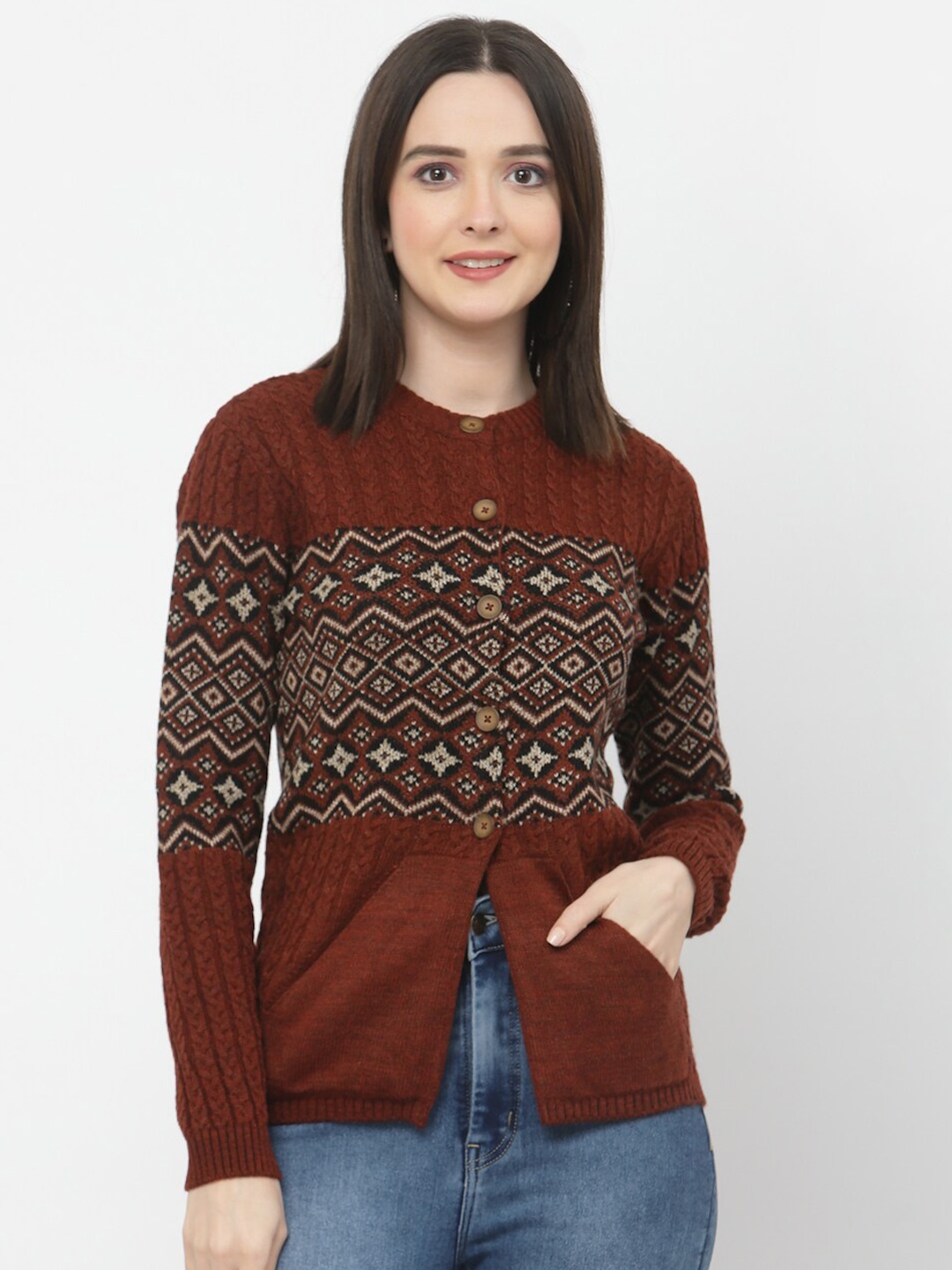

Kalt Round Neck Self Design Acrylic Cardigan, Rust