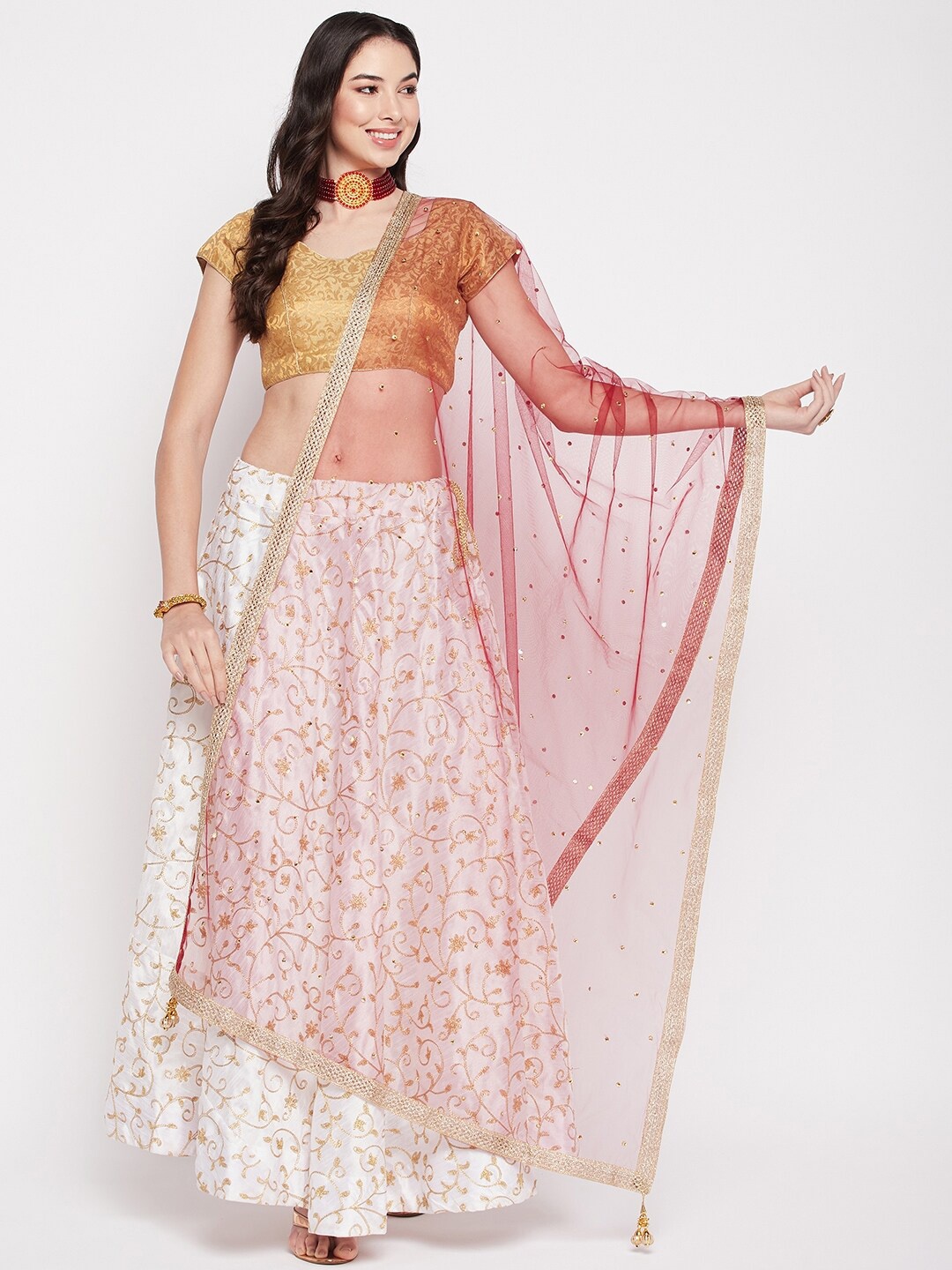 

Clora Creation Net Dupatta with Sequinned, Maroon