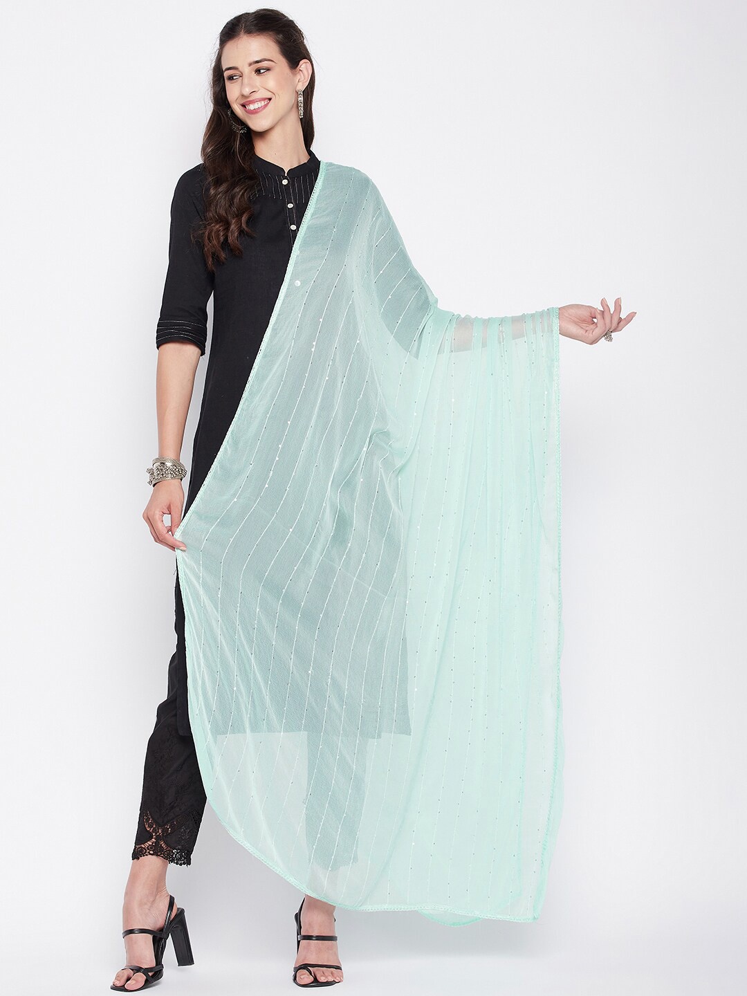 

Clora Creation Embroidered Dupatta with Sequinned, Green