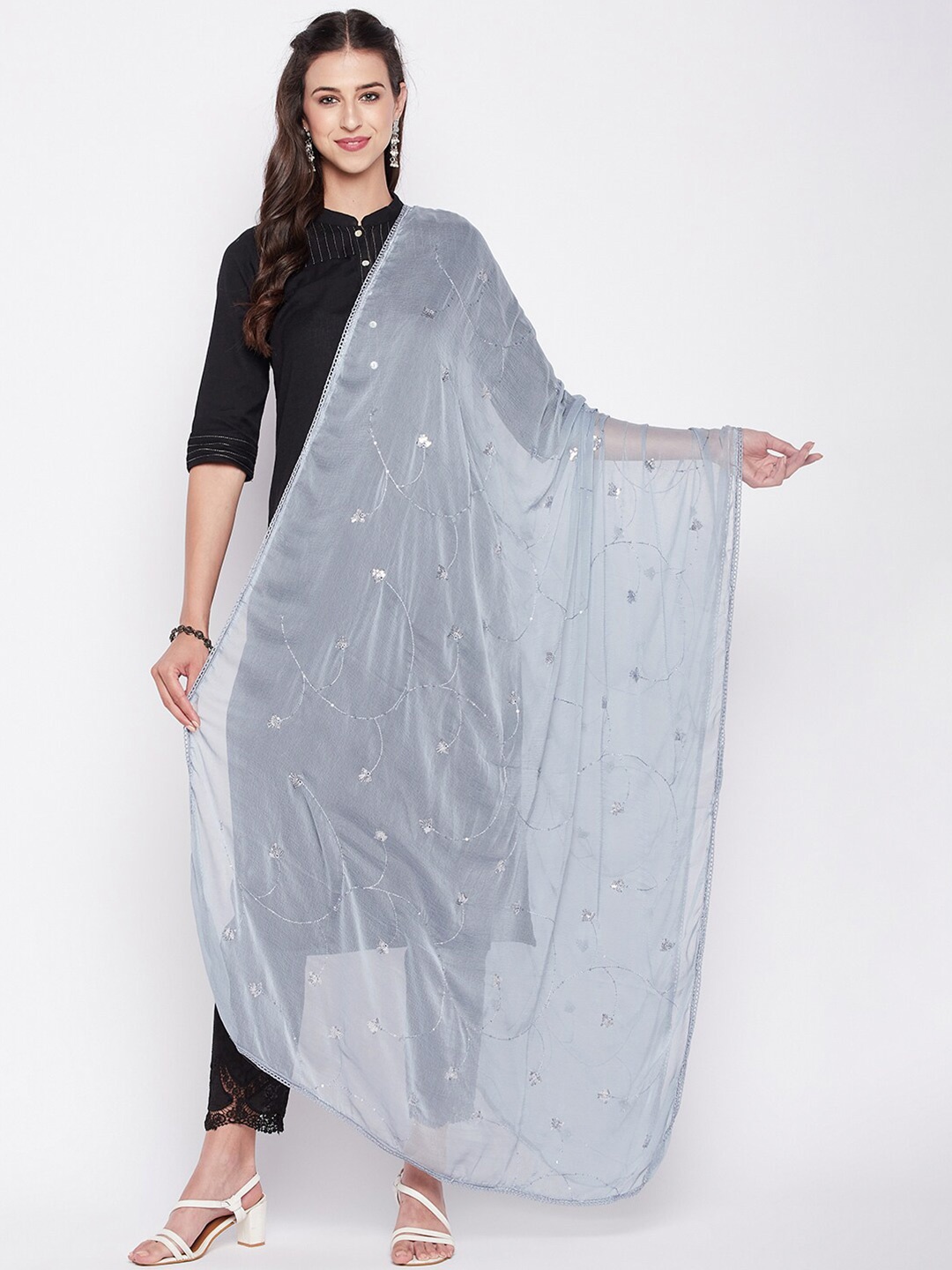 

Clora Creation Embroidered Chiffon Dupatta With Sequinned, Grey