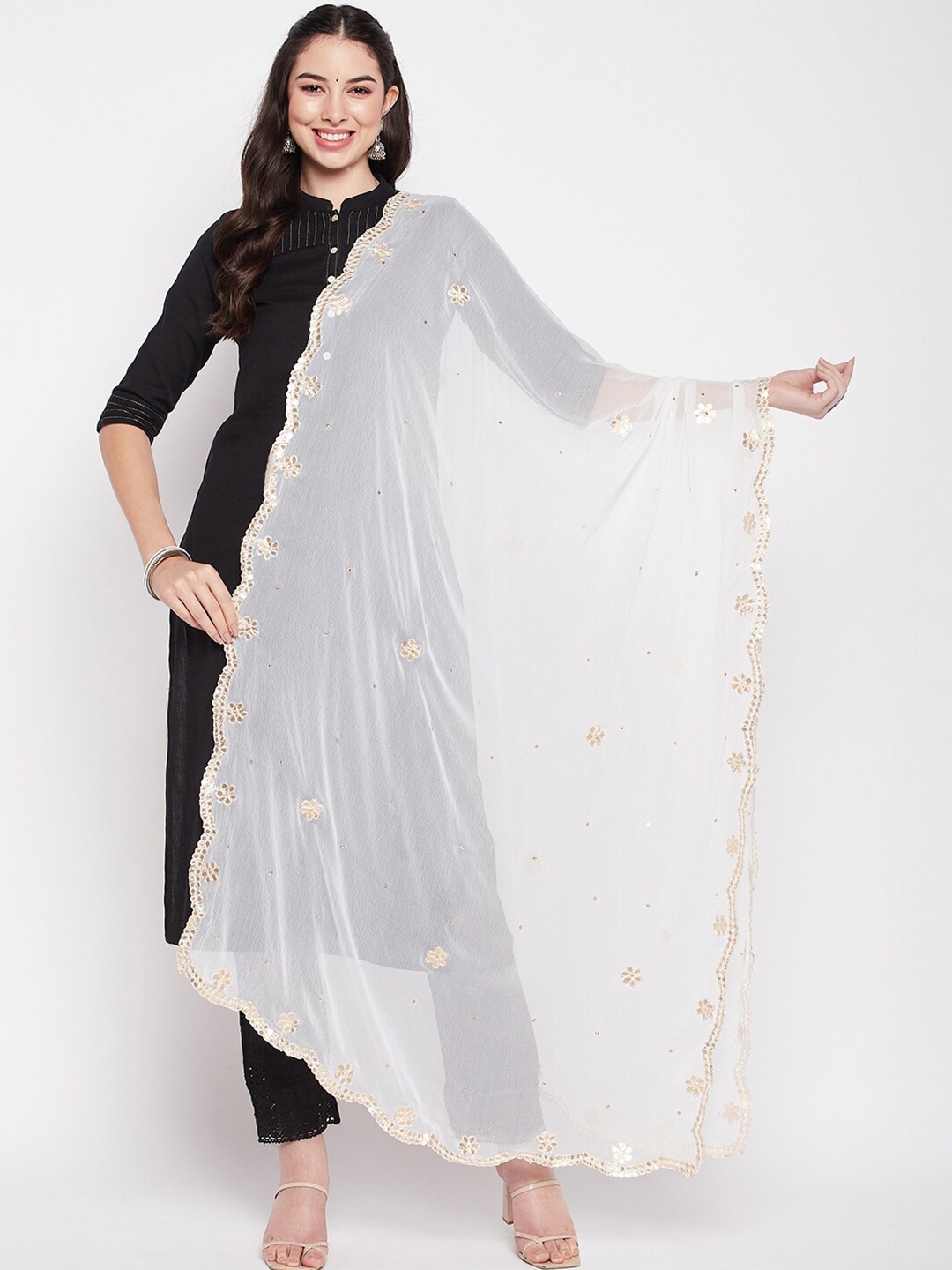 

Clora Creation Ethnic Motifs Embroidered Chiffon Dupatta with Gotta Patti, White