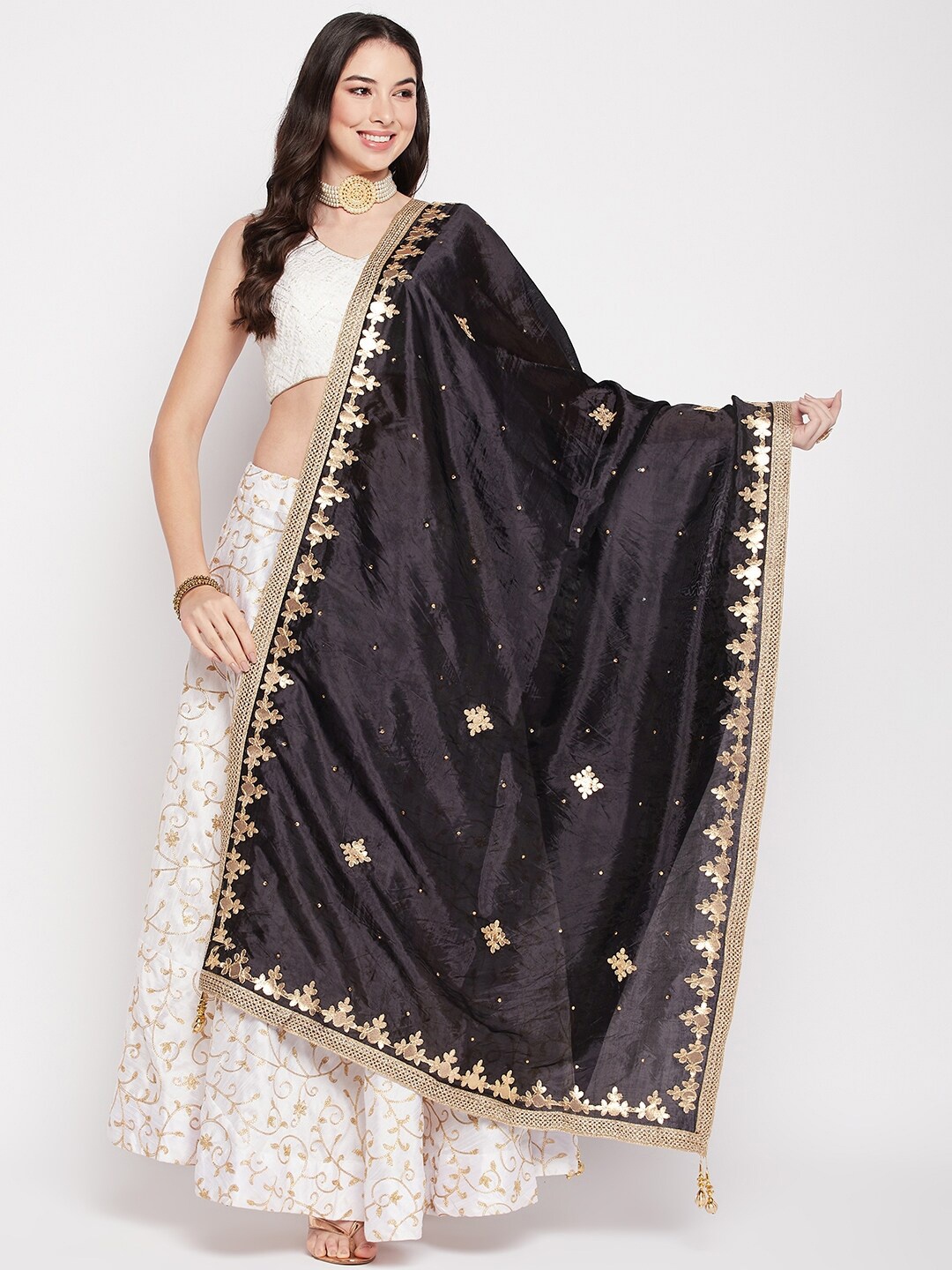 

Clora Creation Embroidered Dupatta with Gotta Patti, Black