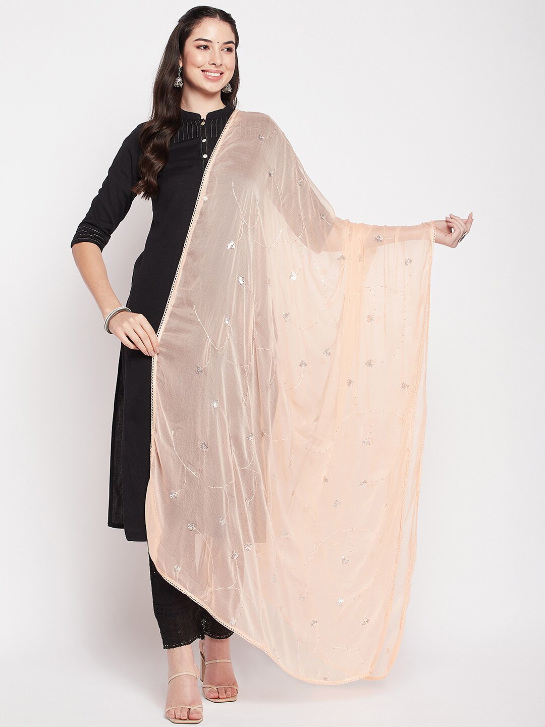 

Clora Creation Embroidered Dupatta with Sequinned, Peach