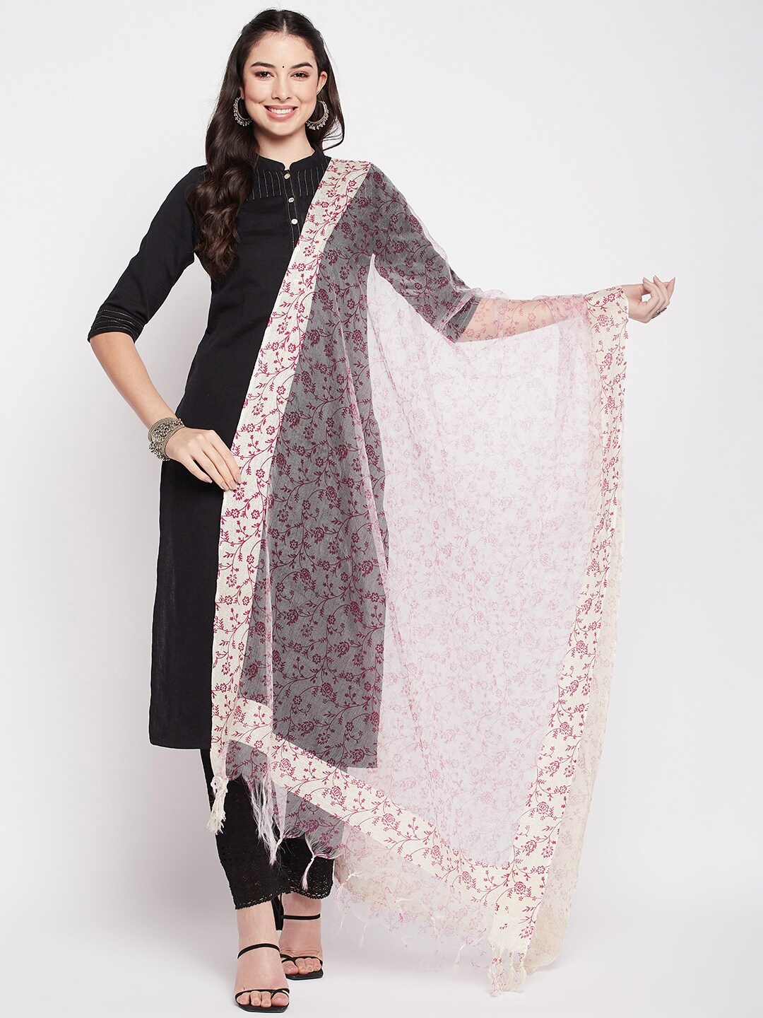 

Clora Creation Floral Printed Organza Dupatta, Magenta