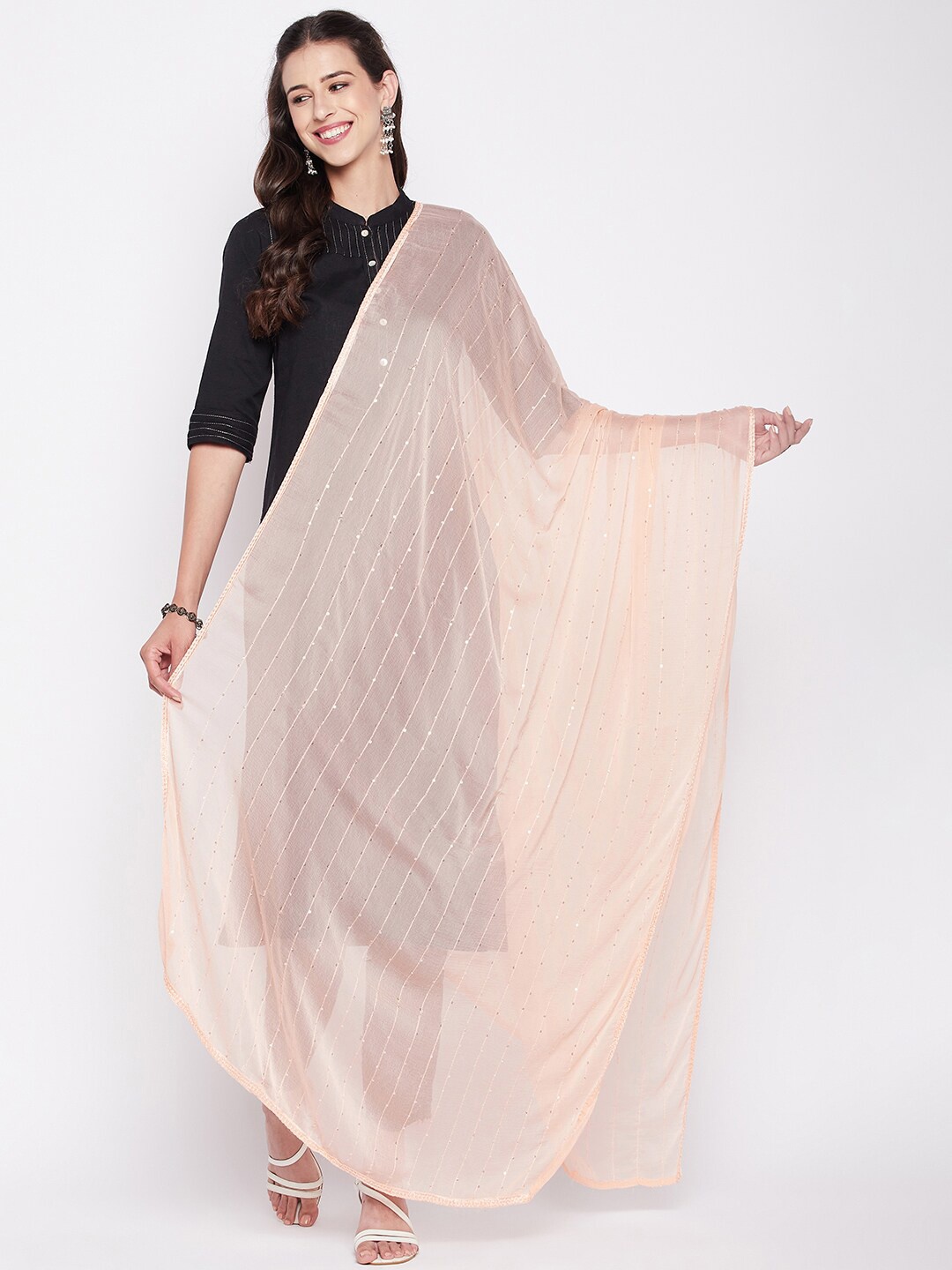 

Clora Creation Striped Embroidered Dupatta with Sequinned, Peach