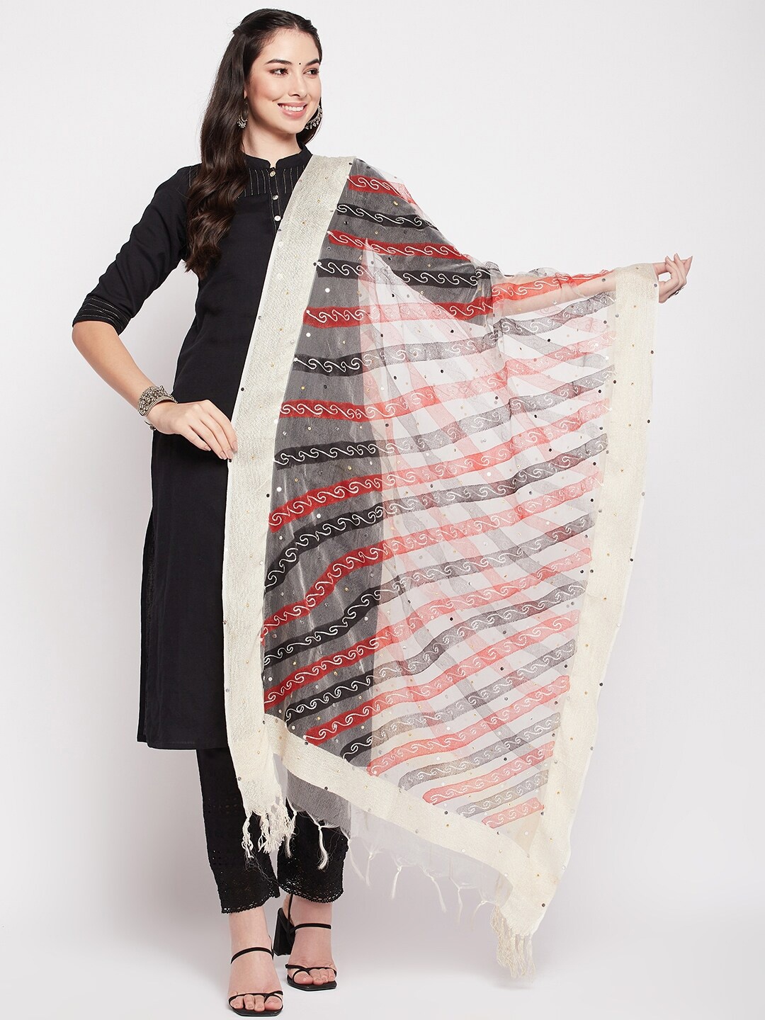 

Clora Creation Embroidered Organza Dupatta with Mirror Work, Black