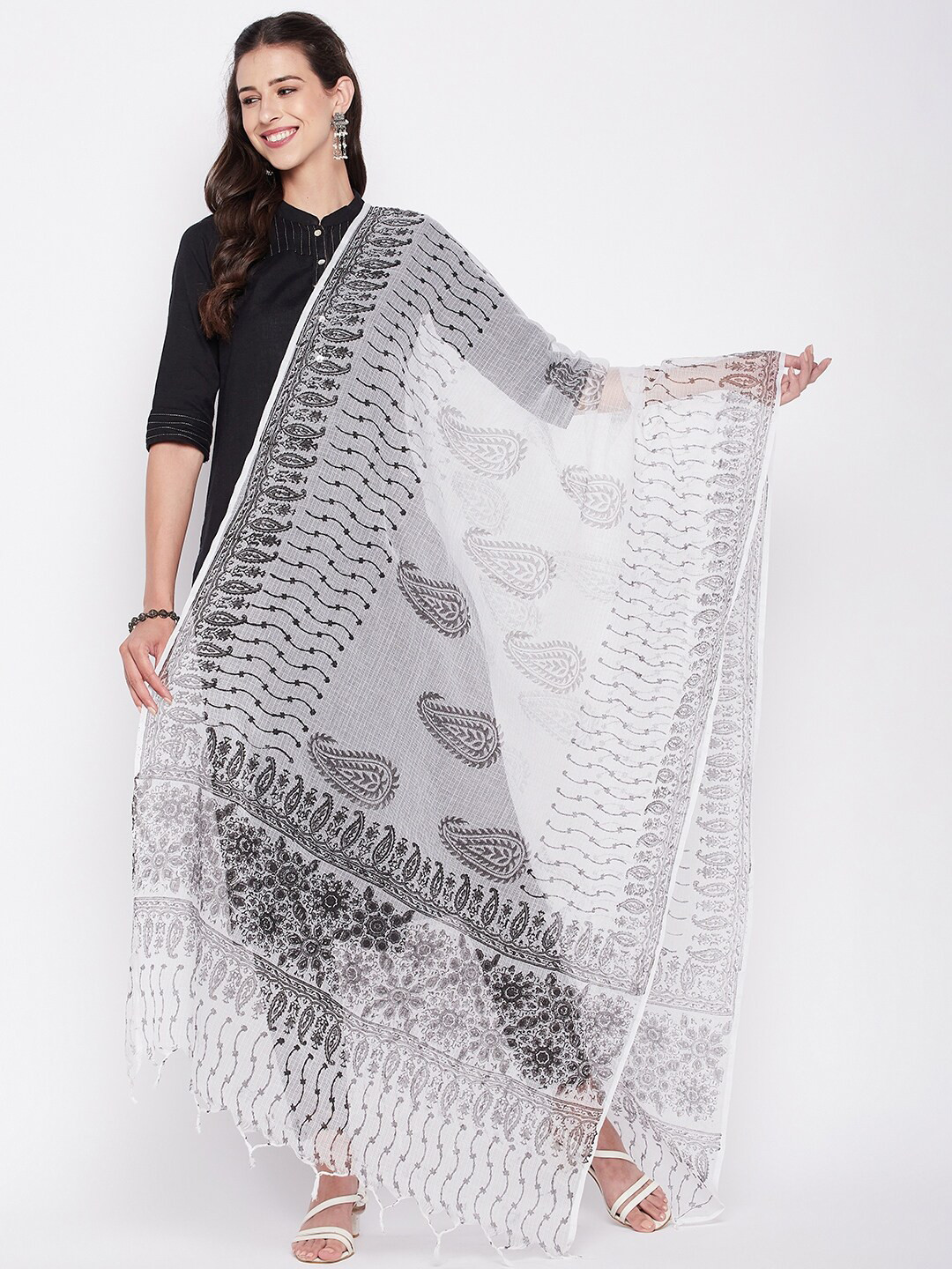 

Clora Creation Paisley Printed Dupatta With Tasselled, White