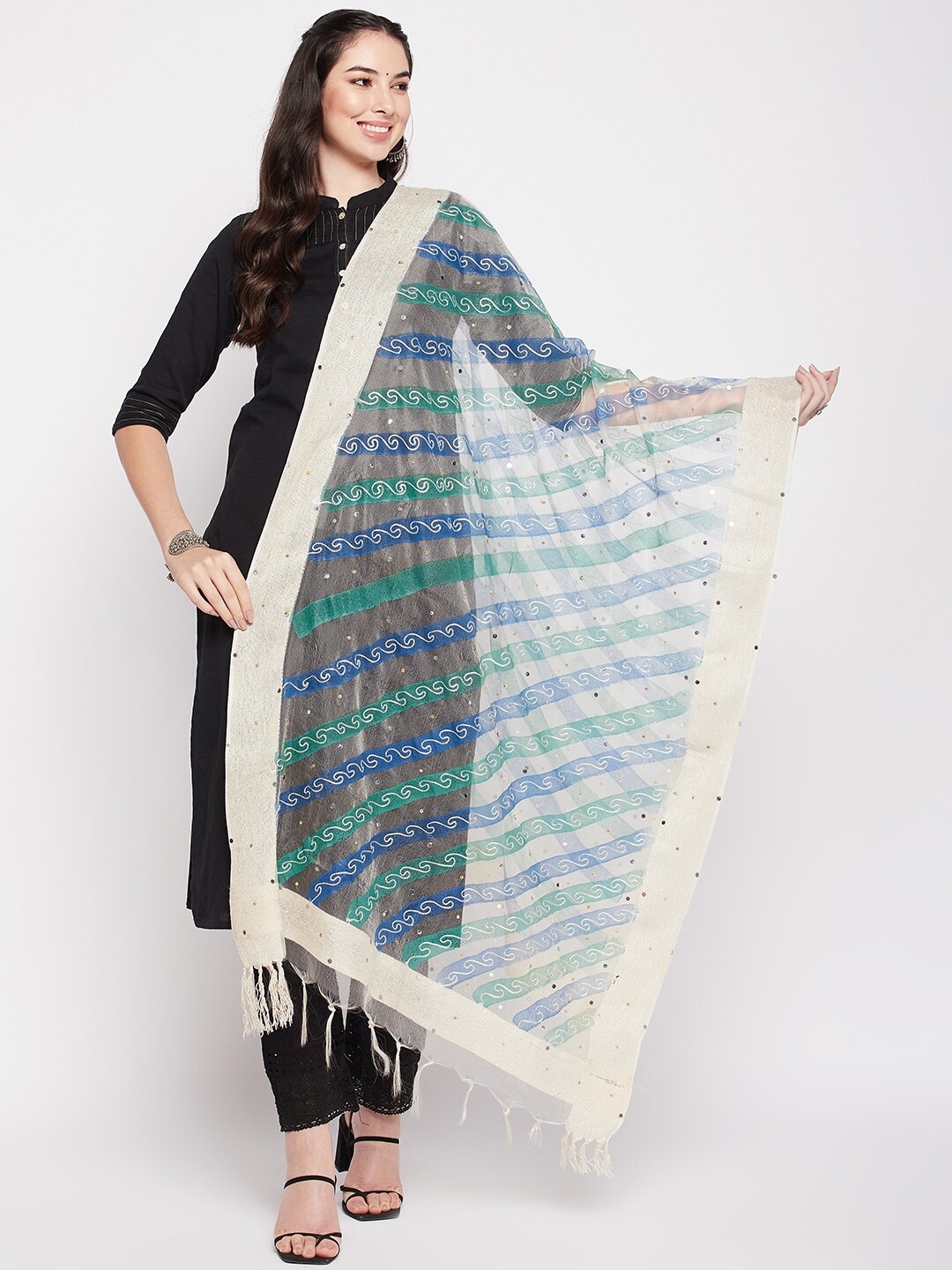 

Clora Creation Embroidered Organza Dupatta With Mirror Work, Blue