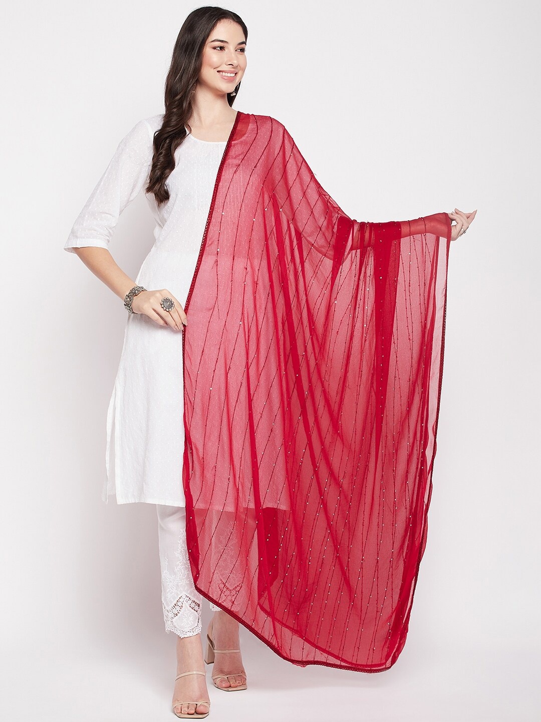 

Clora Creation Embroidered Chiffon Dupatta with Sequinned, Maroon