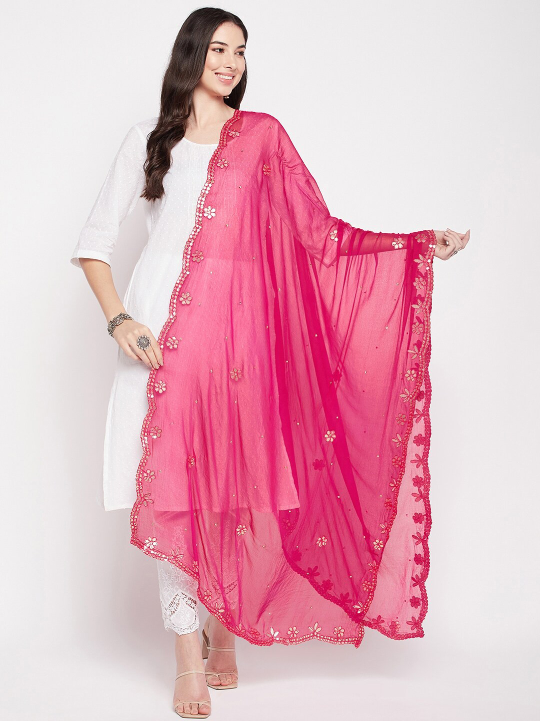 

Clora Creation Embroidered Chiffon Dupatta With Gotta Patti, Magenta