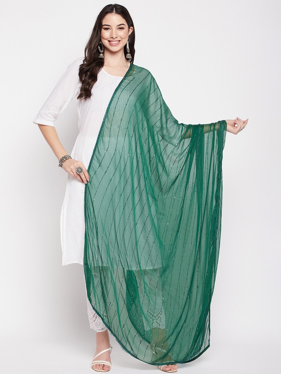 

Clora Creation Embroidered Chiffon Dupatta with Sequinned, Green
