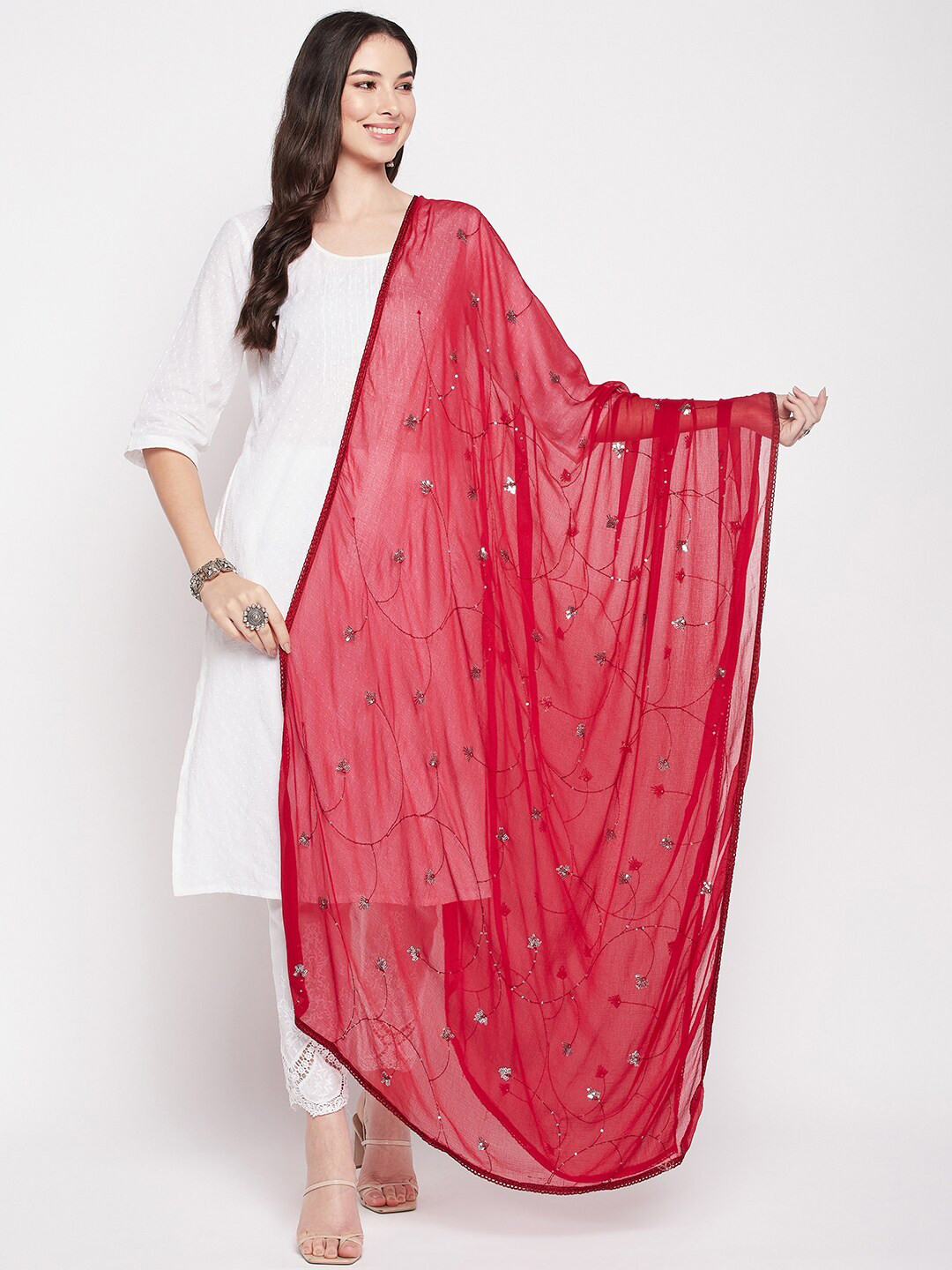 

Clora Creation Embroidered Chiffon Dupatta with Sequinned, Maroon