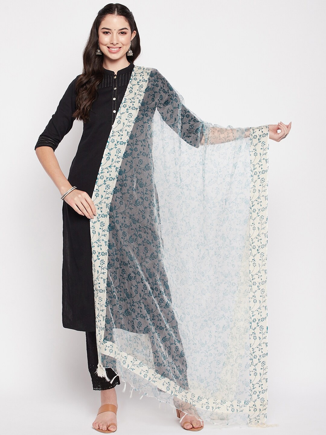

Clora Creation Floral Printed Organza Dupatta With Tasselled, Blue