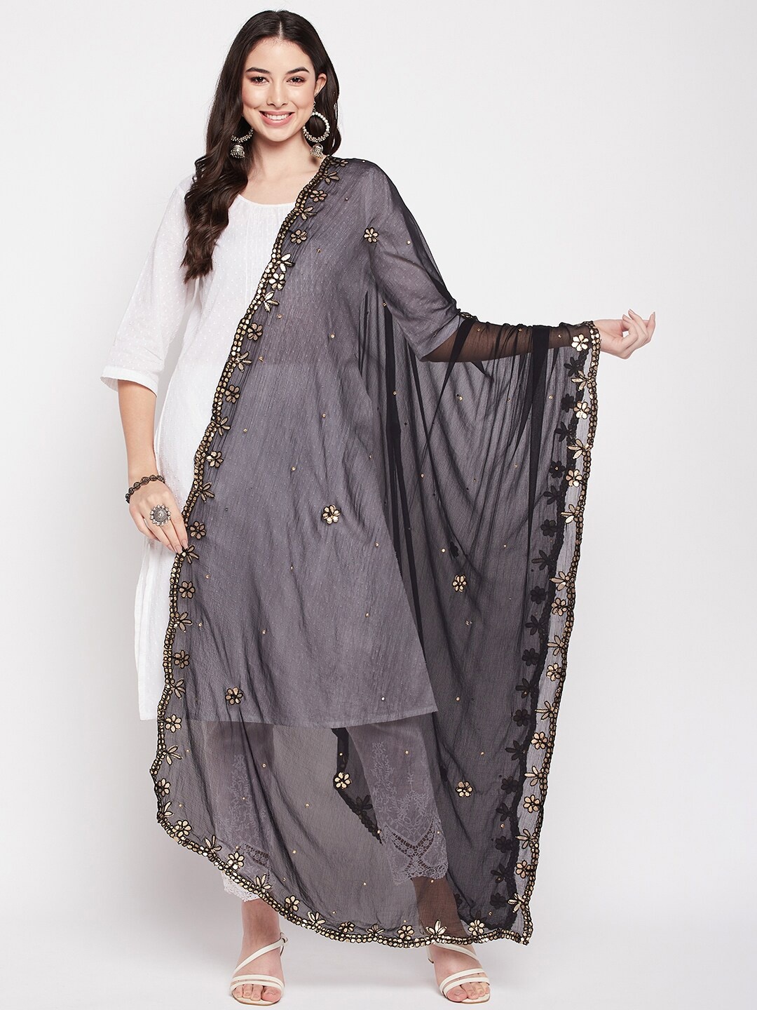 

Clora Creation Embroidered Dupatta with Gotta Patti, Black