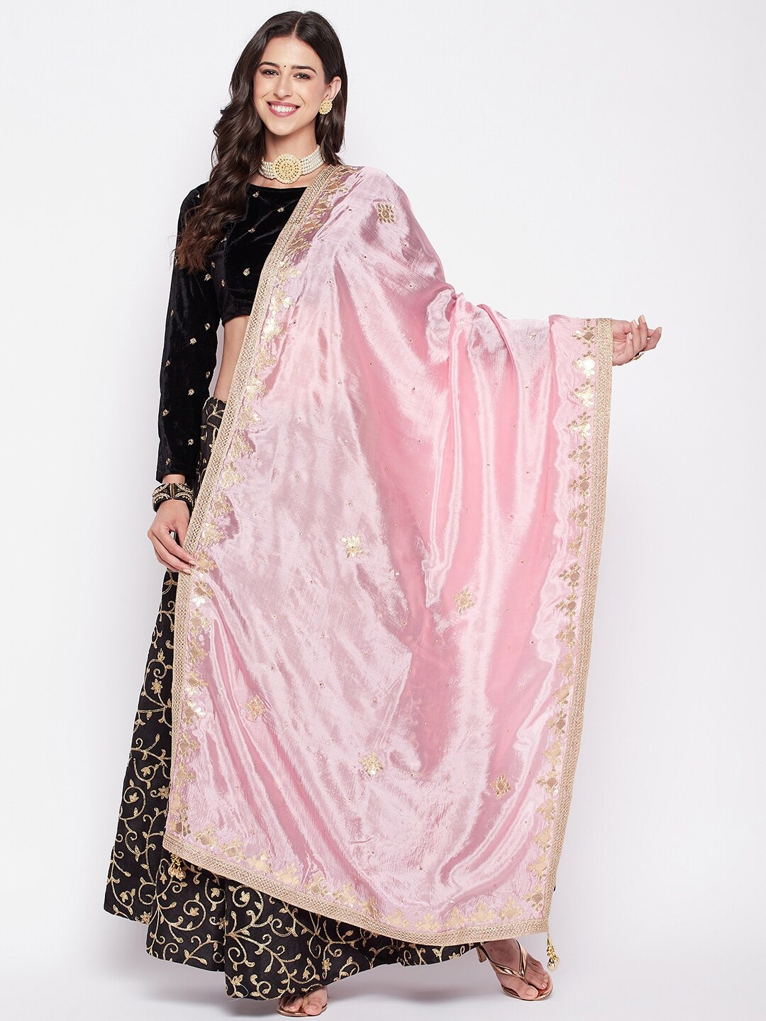 

Clora Creation Embroidered Dupatta With Gotta Patti & Tasselled, Pink