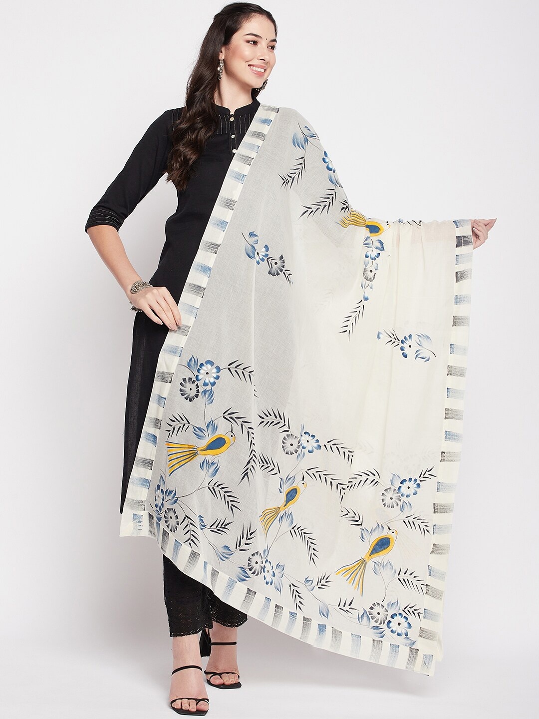 

Clora Creation Floral Printed Cotton Dupatta, Off white