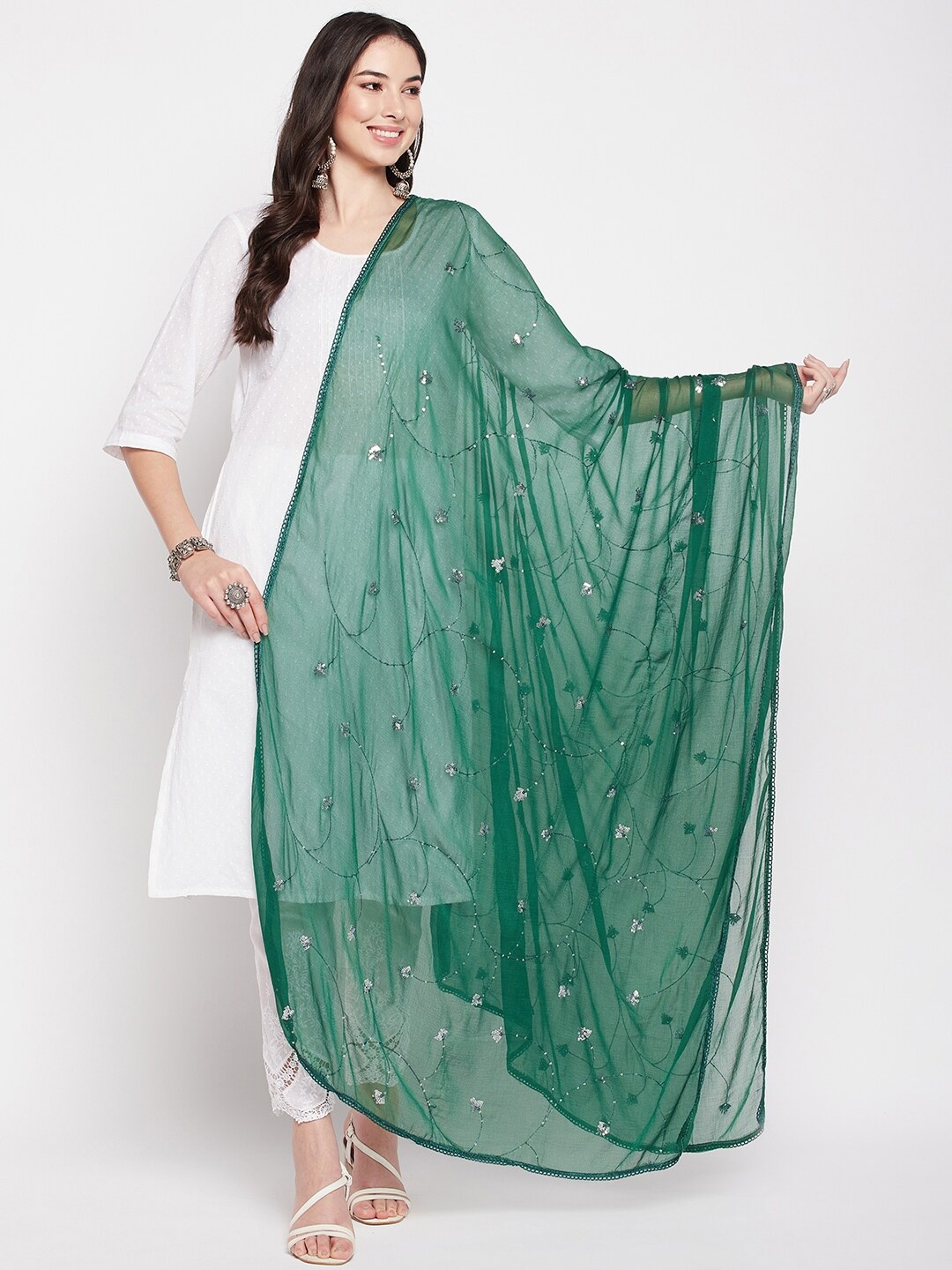 

Clora Creation Embroidered Dupatta With Sequinned, Green