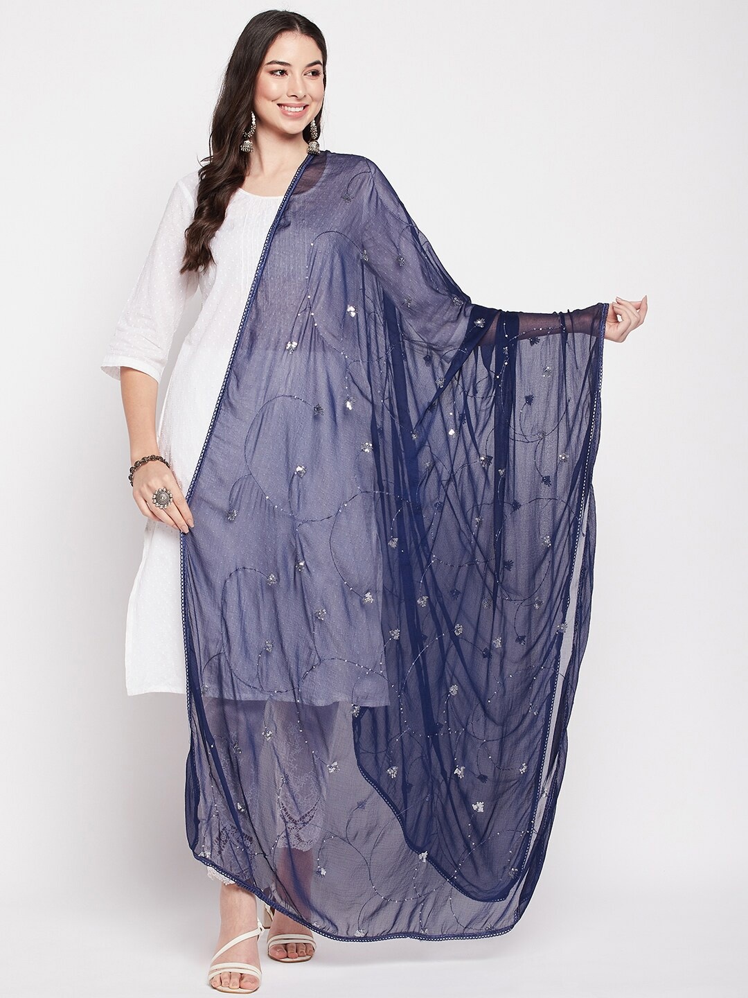 

Clora Creation Floral Embroidered Dupatta With Sequinned, Navy blue