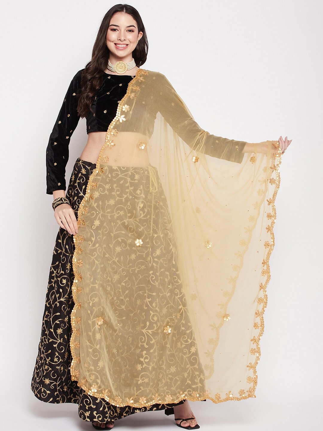 

Clora Creation Floral Embroidered Dupatta With Gotta Patti, Beige